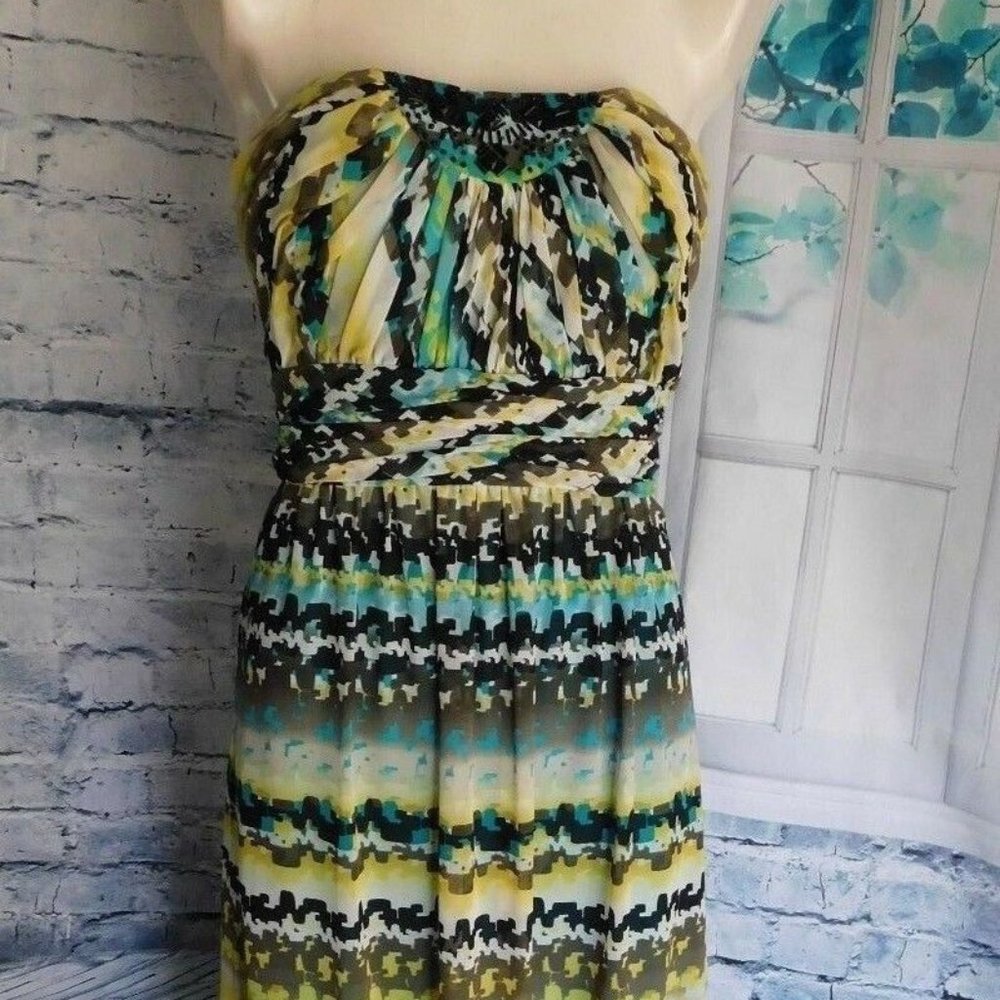 Max & Cleo Blue Yellow Multi Print Beaded Chiffon Strapless Maxi Gown Dress - 4 - Picture 9 of 9